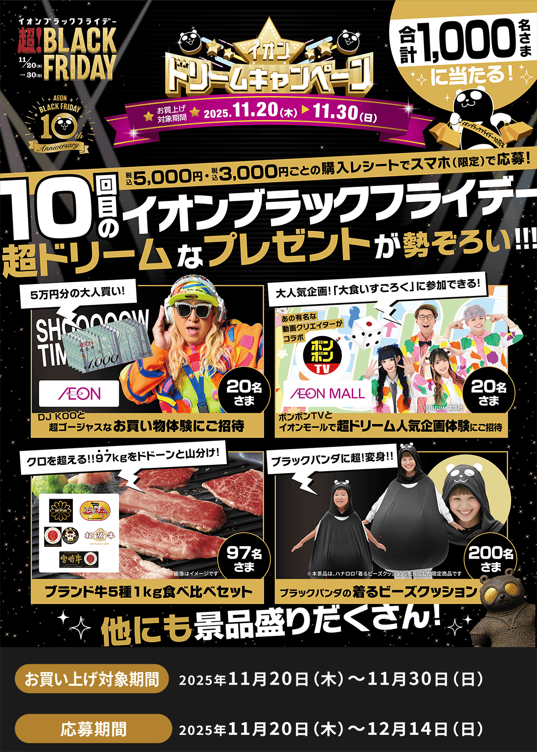 イオンドリームキャンペーン 合計1,000名さまに当たる！ 税込5,000円・3,000円ごとの購入レシートでスマホ（限定）で応募！ 10回目のイオンブラックフライデー 超ドリームなプレゼントが勢ぞろい！！ 5万円分の大人買い！DJ KOOと超ゴージャスなお買い物体験にご招待 20名さま 大人気企画！「大食いすごろく」に参加できる！ あの有名な動画クリエイターがコラボ ポンポンTVとイオンモールで超ドリーム人気企画体験にごご招待 20名さま クロを超える！！97kgをドドーンと山分け！ ブランド牛5種1kg食べ比べセット97名さま  ブラックパンダに超！変身！！ ブラックパンダの着るビーズクッション 200名さま 他にも景品盛りだくさん！ お買い上げ対象期間 2025年11月20日（木）～11月30日（日） 応募期間 2025年11月20日（木）～12月14日（日）