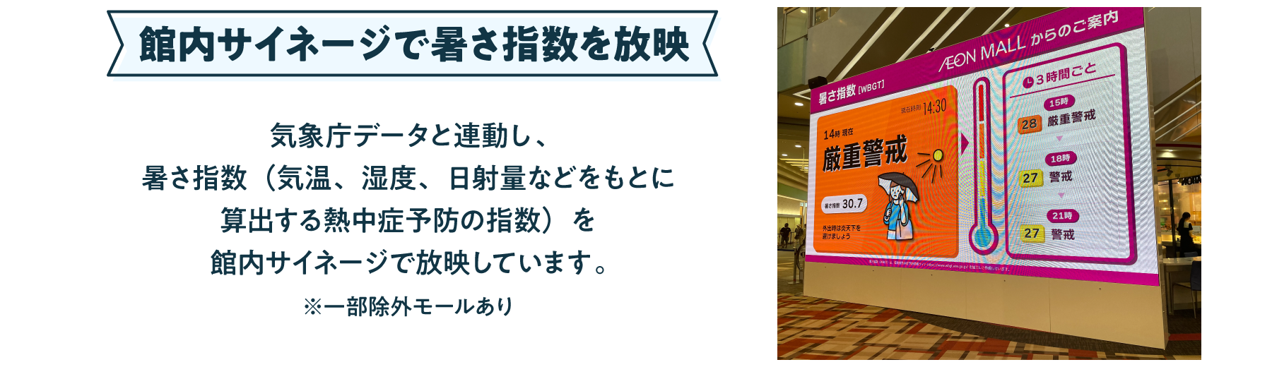 館内サイネージで暑さ定数を放映