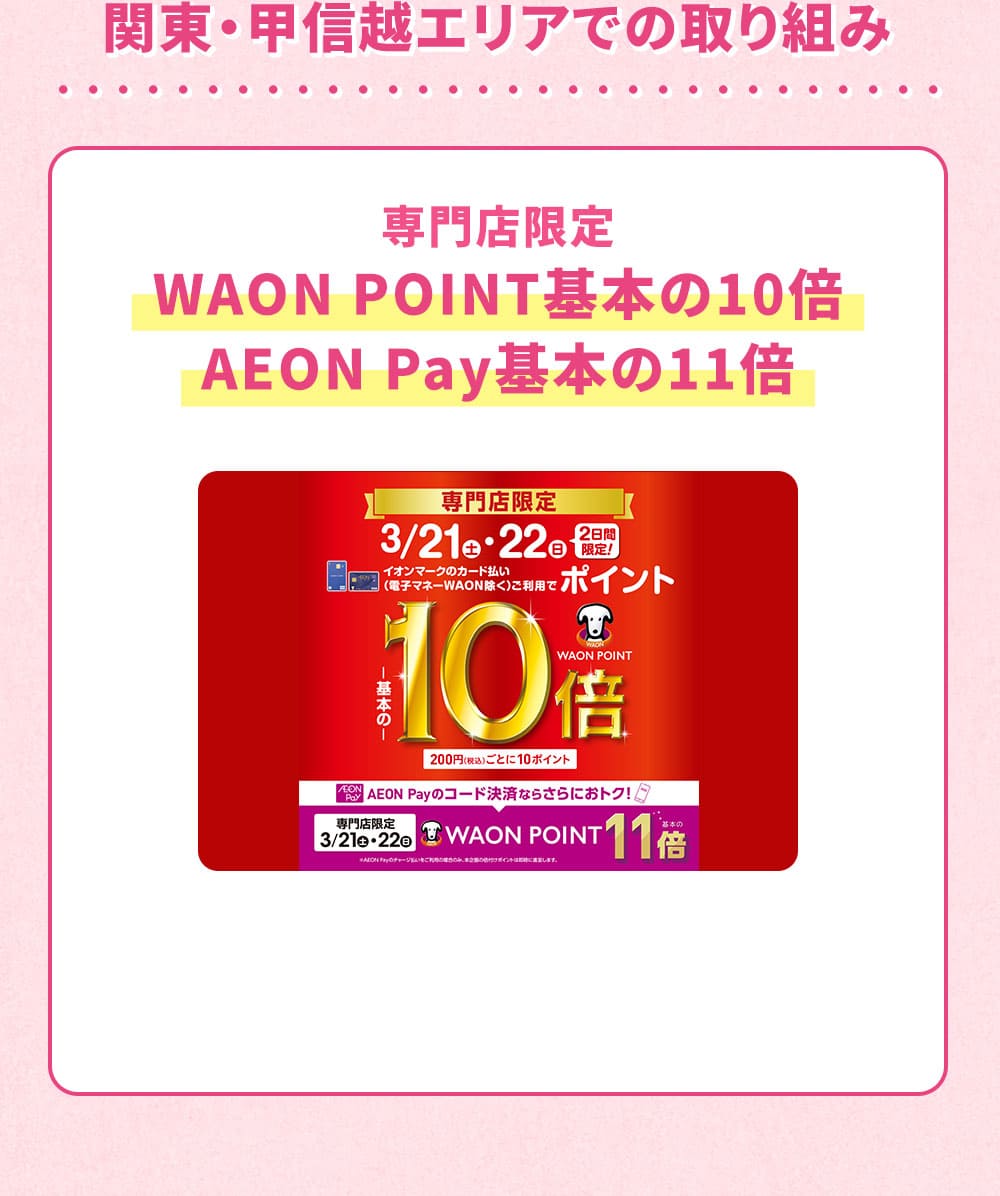 関東・甲信越エリアでの取り組み 専門店限定 WAON POINT基本の10倍 AEON Pay基本の11倍