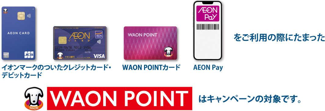 イオンマークのついたクレジットカード・デビットカード WAON POINTカード AEON Payをご利用の際にたまったWAON POINTはキャンペーンの対象です。