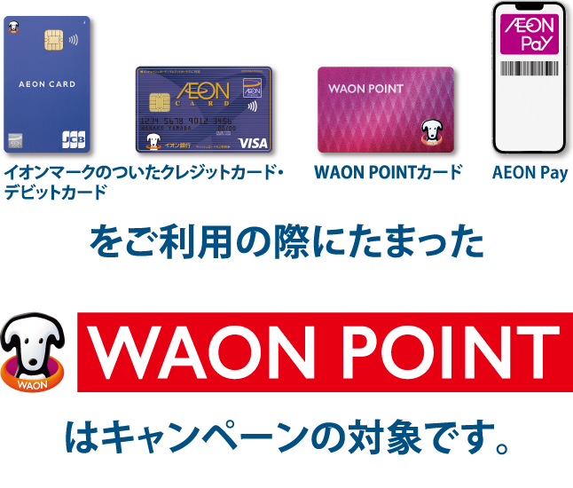 イオンマークのついたクレジットカード・デビットカード WAON POINTカード AEON Payをご利用の際にたまったWAON POINTはキャンペーンの対象です。