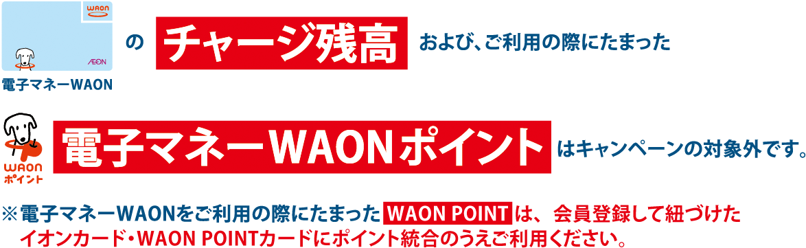 電子マネーWAONのチャージ残高および、ご利用の際にたまったWAONポイント電子マネーWAONポイントはキャンペーンの対象外です。※電子マネーWAONをご利用の際にたまったWAON POINTはお買物でご利用いただけません。会員登録して紐づけた各種イオンカードにポイント統合のうえご利用ください