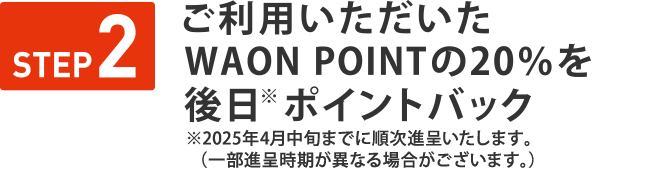 STEP２　ご利用いただいたWAON POINTの10％を後日※ポイントバック※当月末までに順次進呈いたします。（一部進呈時期が異なる場合がございます。）