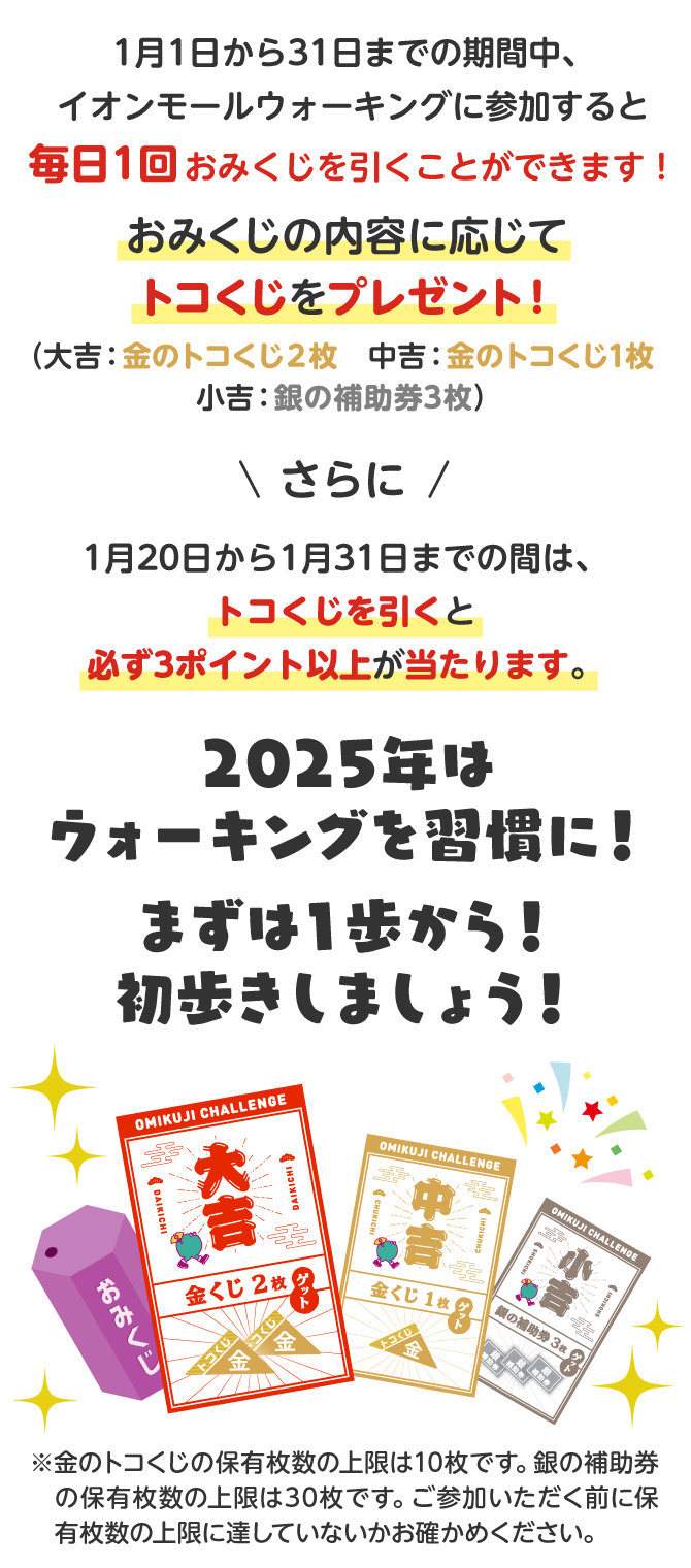 1月1日から31日までの期間中、イオンモールウォーキングに参加すると毎日1回おみくじを引くことができます!おみくじの内容に応じてトコくじをプレゼント(大吉: 金のトコくじ2枚 中吉:金のトコくじ1枚 小吉 銀の補助券3枚)\ さらに /1月20日から1月31日までの間は、トコくじを引くと必ず3ポイント以上が当たります。2025年はウォーキングを習慣に!まずは1歩から! 初歩きしましょう!※金のトコくじの保有枚数の上限は10枚です。銀の補助券の保有枚数の上限は30枚です。ご参加いただく前に保有枚数の上限に達していないかお確かめください。